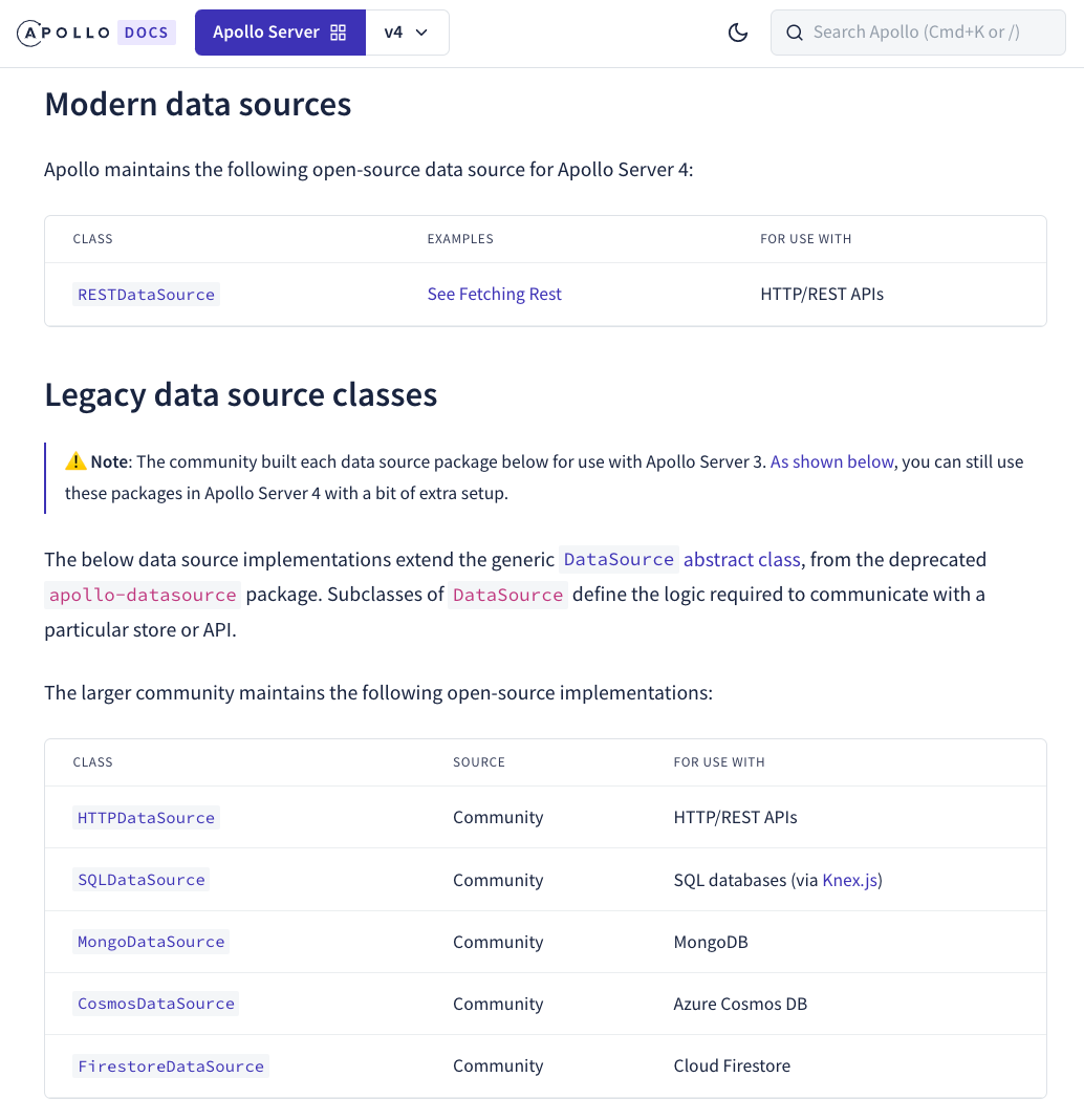 Deprecated data sources in Apollo Server v4