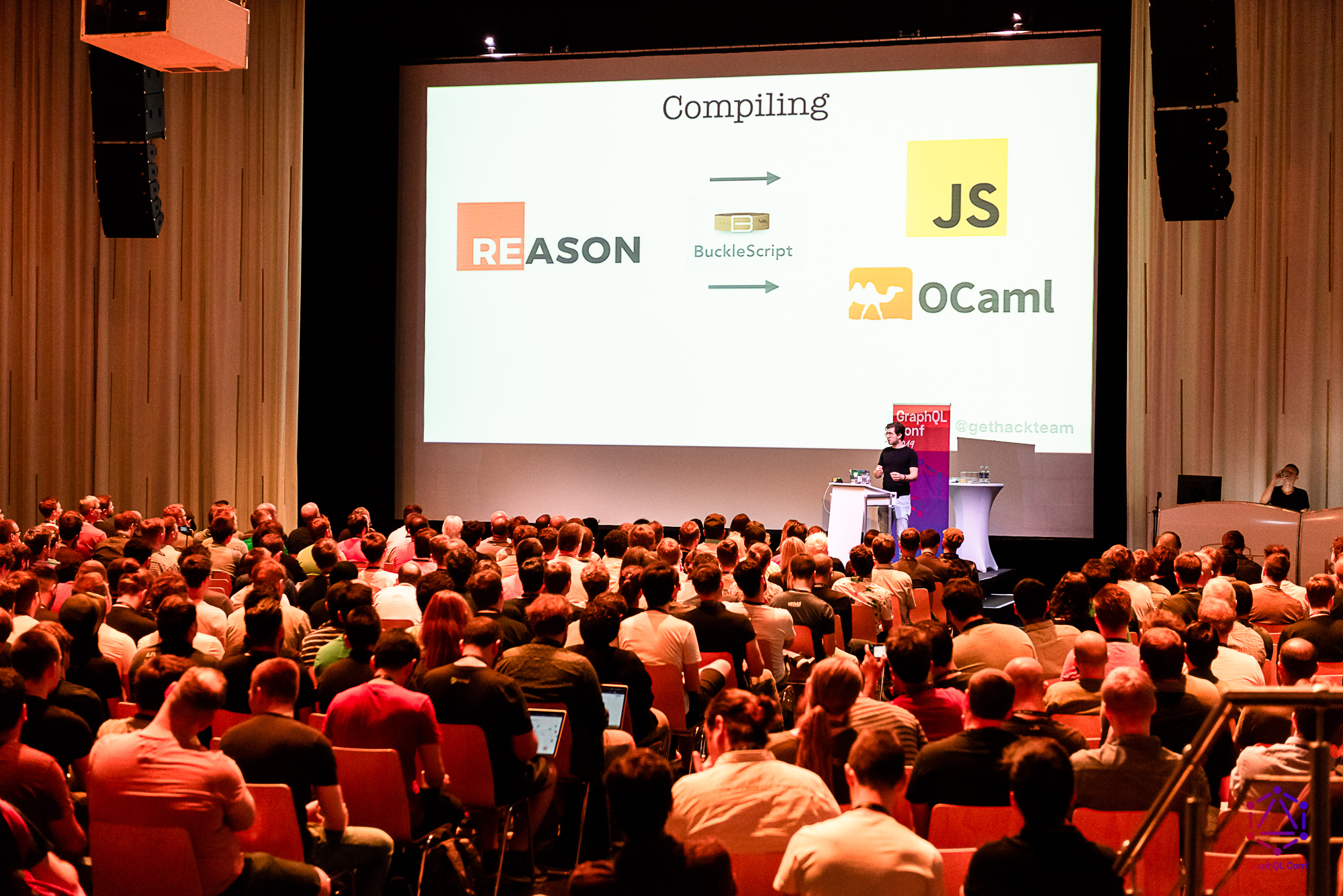 Roy Derks presenting Create Type Safe Web Applications with ReasonML and GraphQL to the audience at GraphQLConf 2019 in Berlin