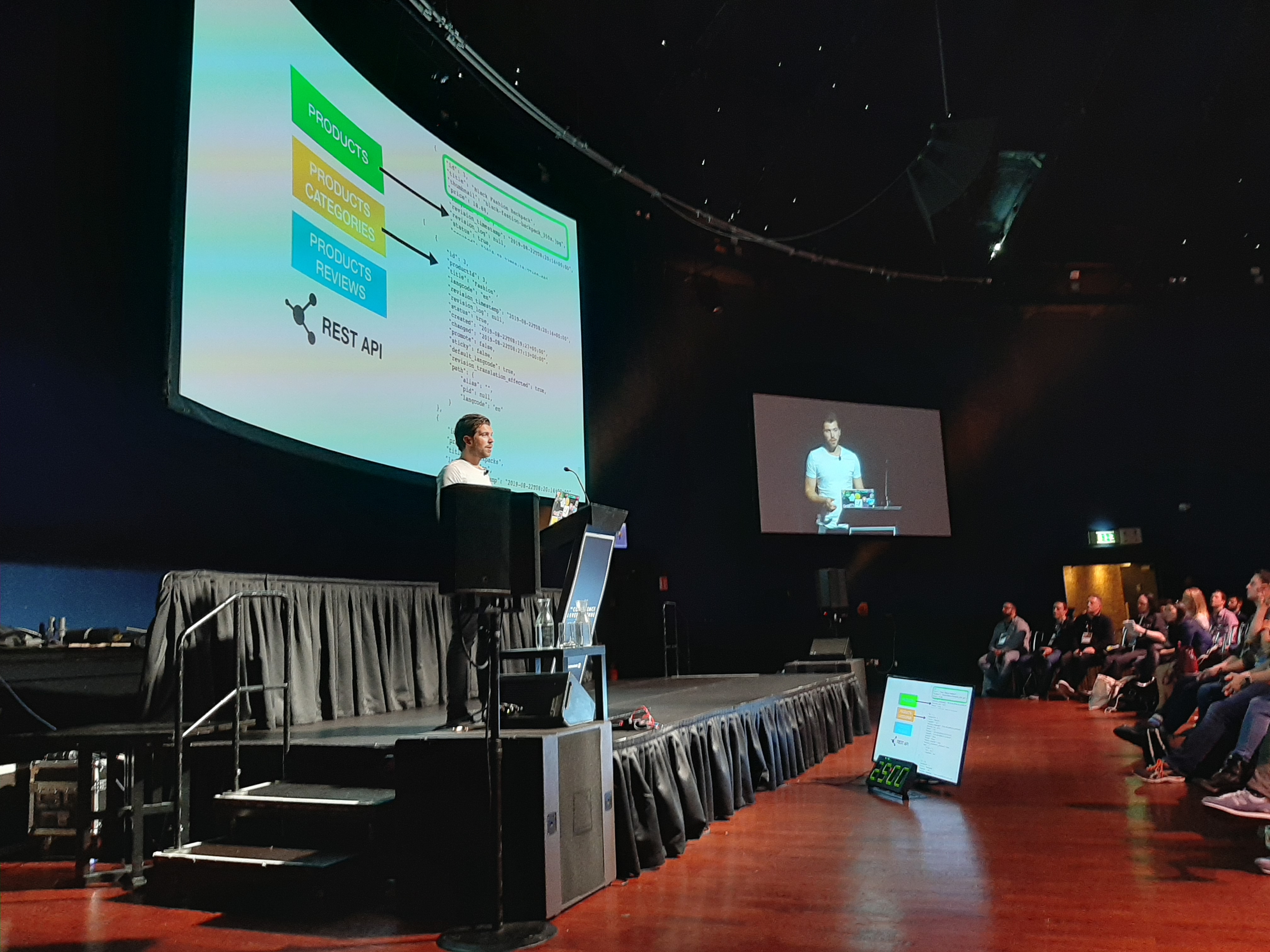 Roy Derks presenting a REST API diagram to the audience at JSDay Ireland 2019