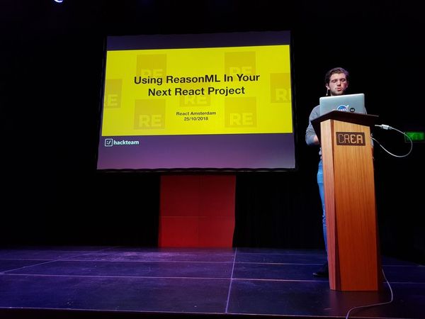 Roy Derks presenting Using ReasonML in Your Next React Project at React Amsterdam on October 25, 2018